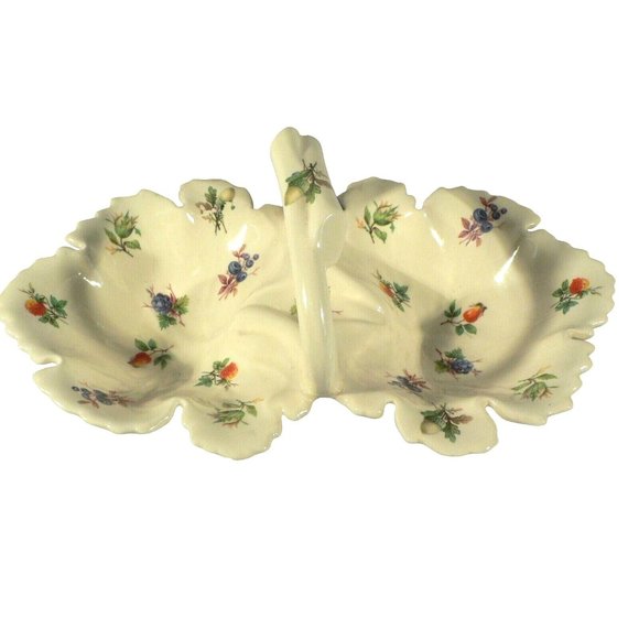 Porcelain candy nut dish Mabel 1976 handle double divisions bottom signed - Picture 1 of 11